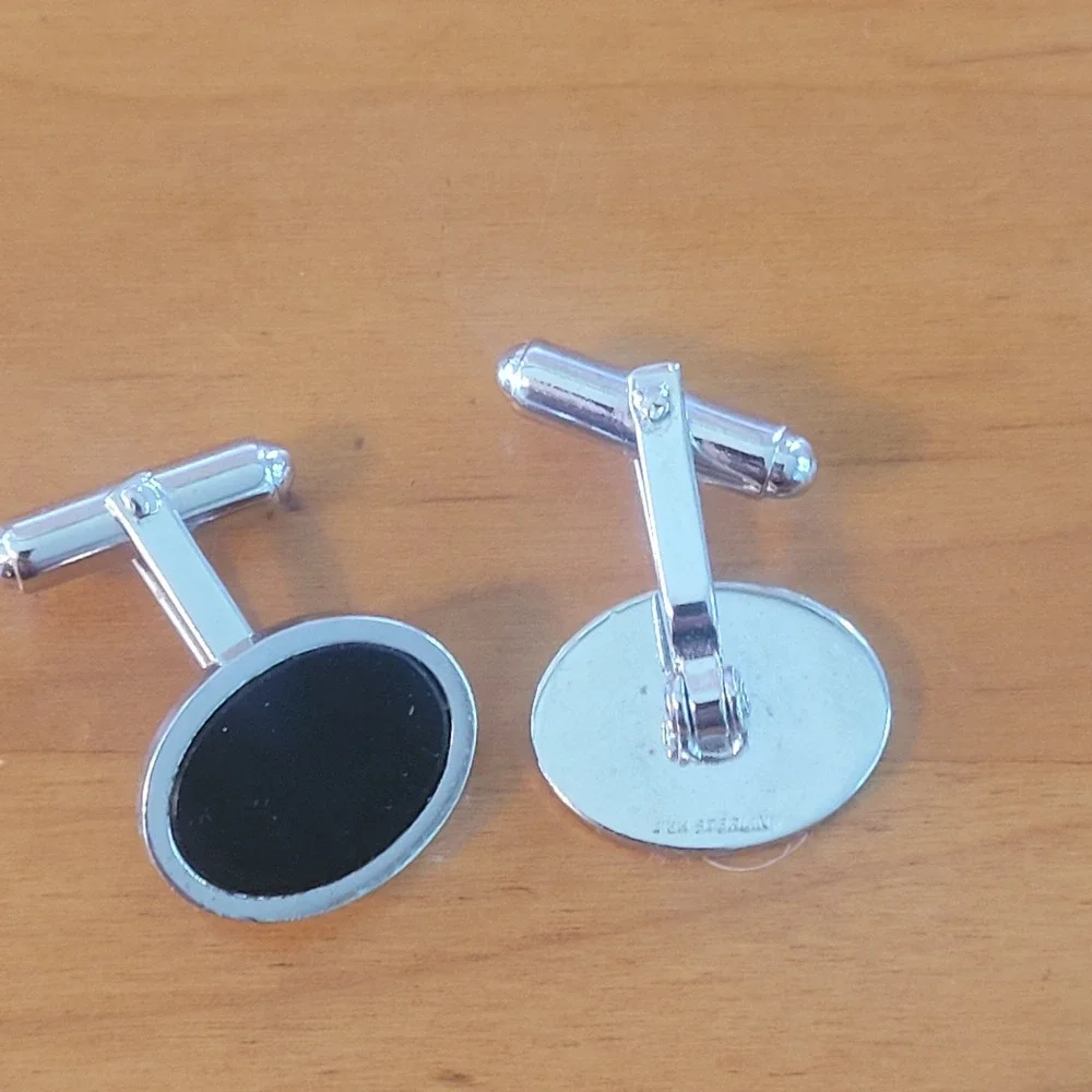 Vtg WEH Hayward Sterling Silver Black Onyx Oval Cufflinks Mid Century